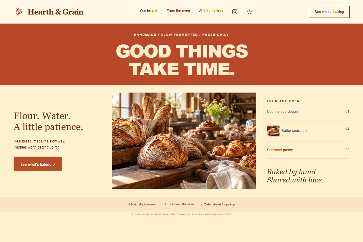Hearth & Grain fictional website design concept preview