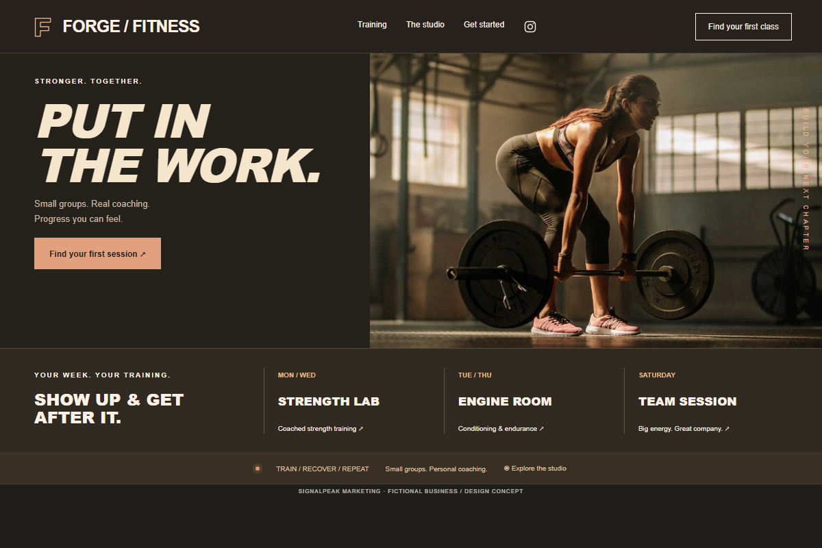 Forge Fitness website design concept with strength training photography