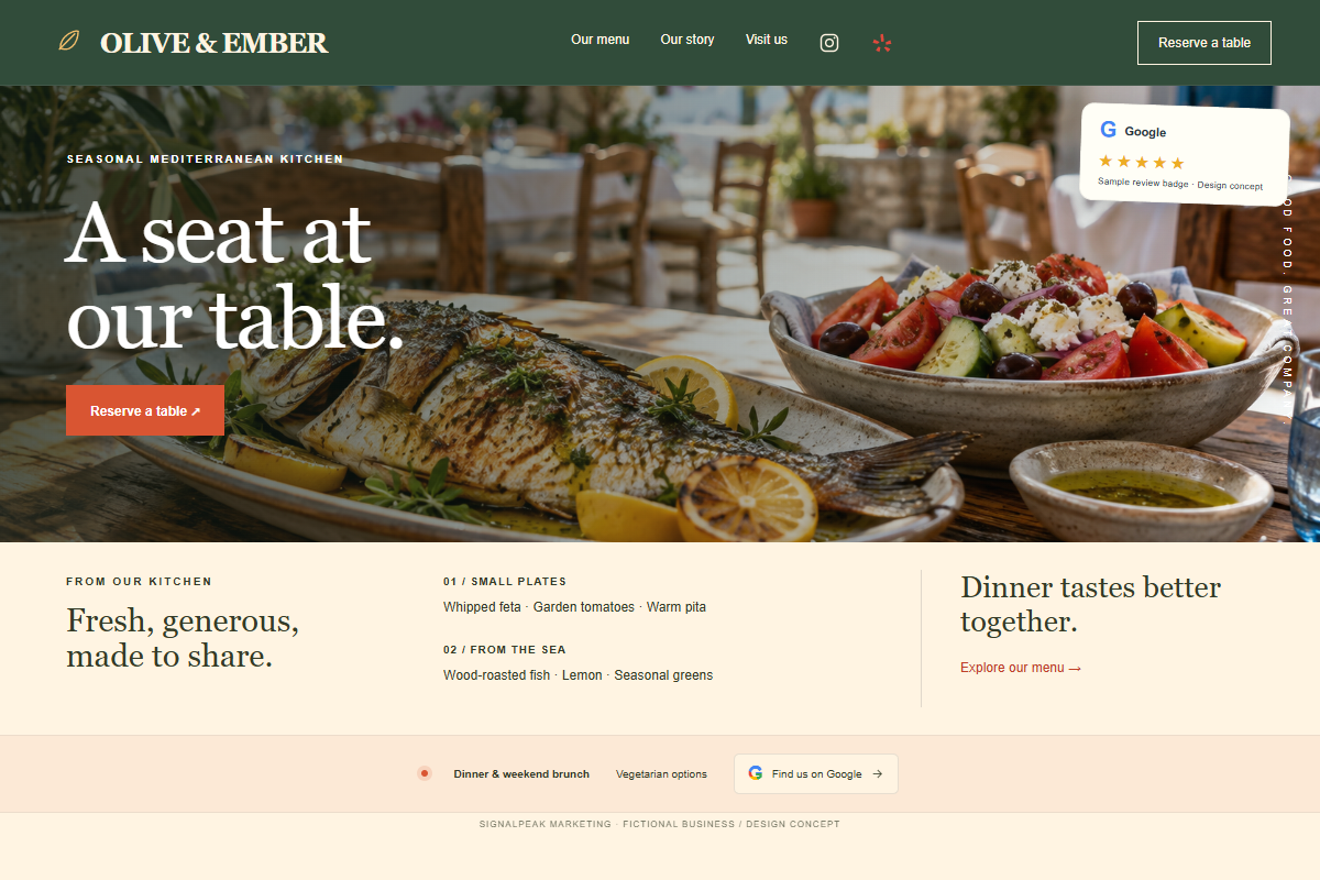 OLIVE & EMBER fictional website design concept preview