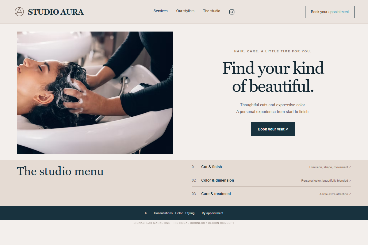 STUDIO AURA fictional website design concept preview